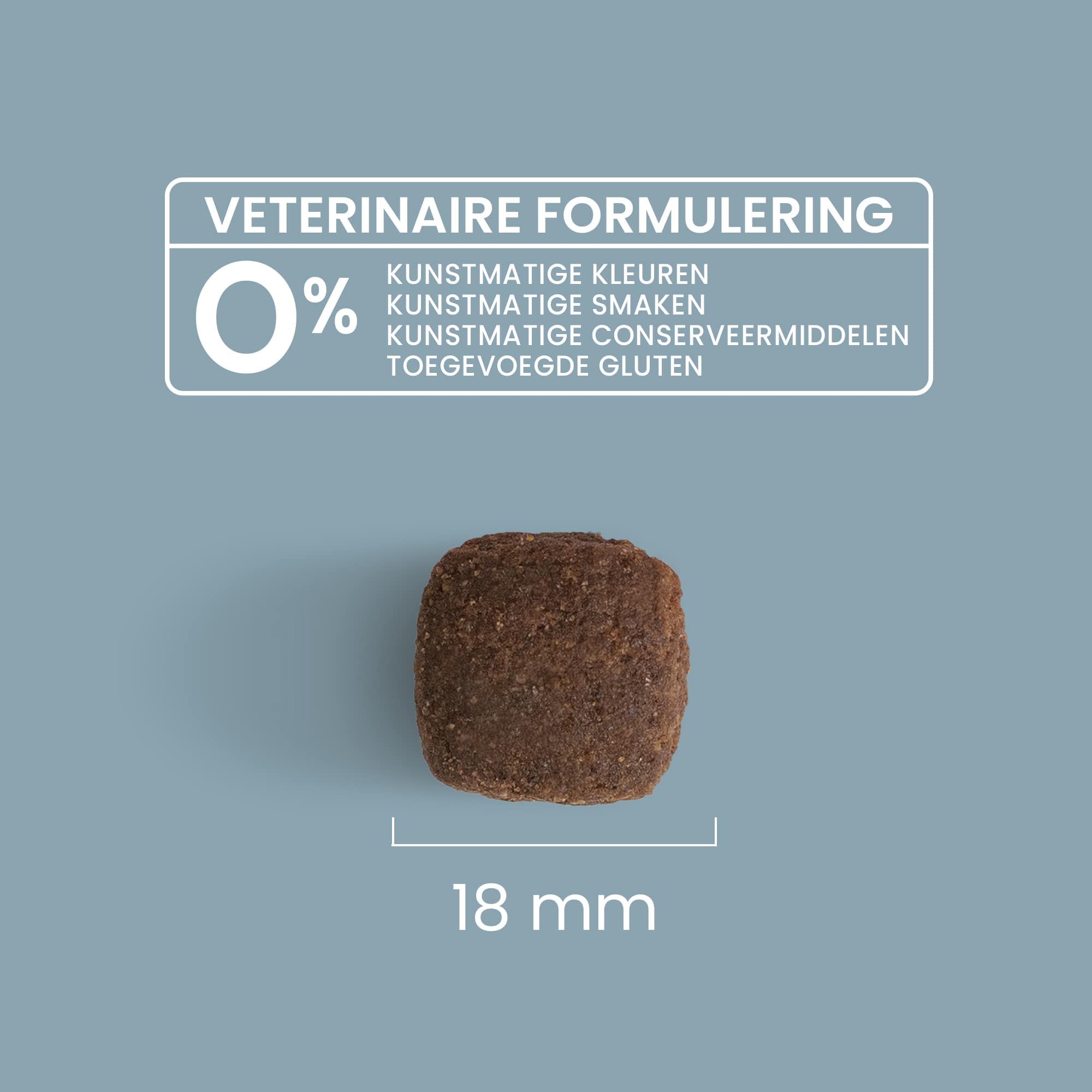 Zoom in op een brok met maatdetails en veterinaire formulering voor actieve hond van alle maten