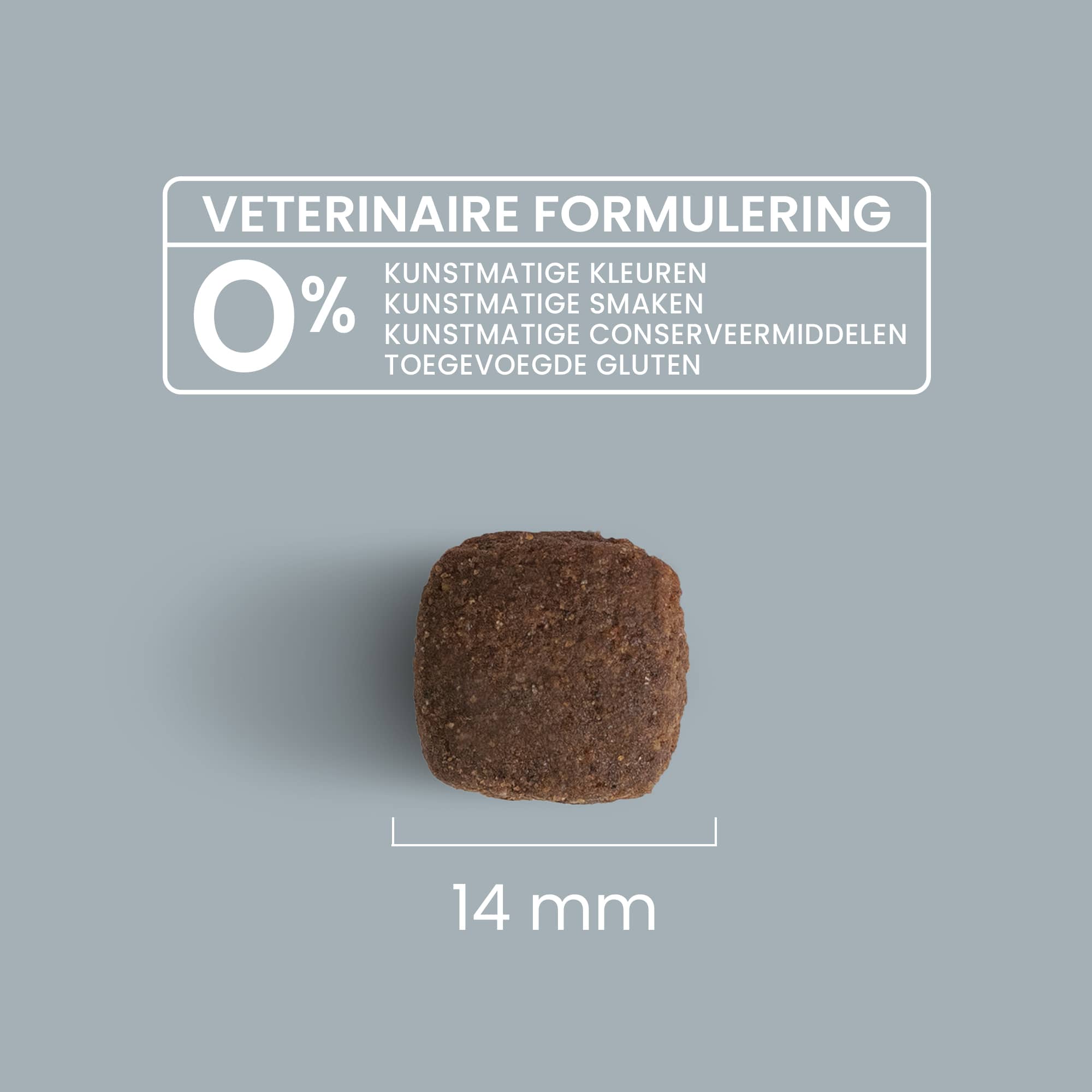Zoom in op een brok met maatgegevens en veterinaire formulering voor gesteriliseerd / overgewicht volwassen hond van alle groottes