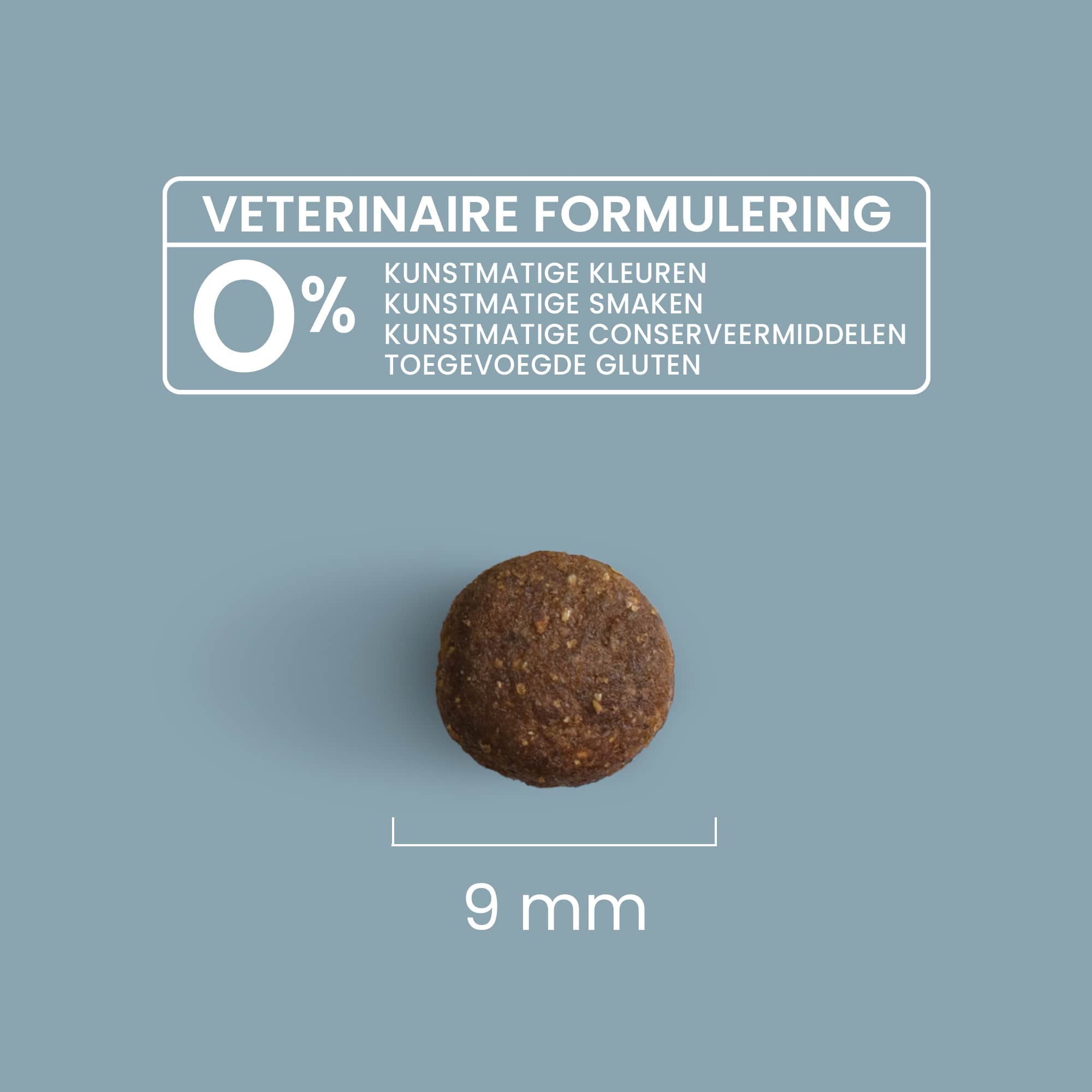 Zoom in op een brok met maatdetails en veterinaire formulering voor kleine gesteriliseerd / volwassen hond met overgewicht
