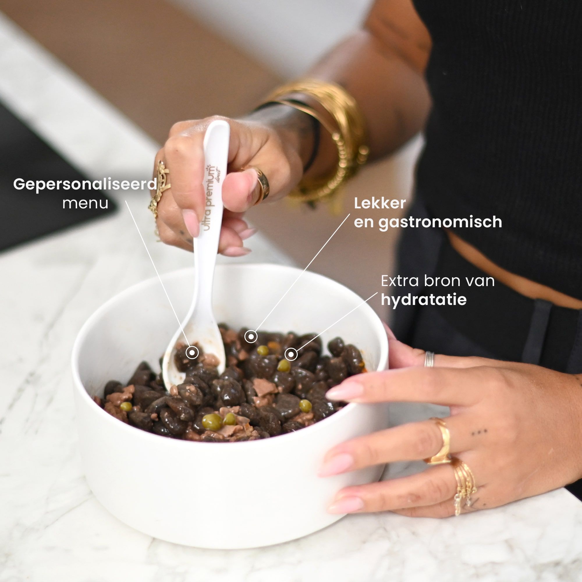 Kom met brokken die de voordelen van zalmreepjessoep benadrukken