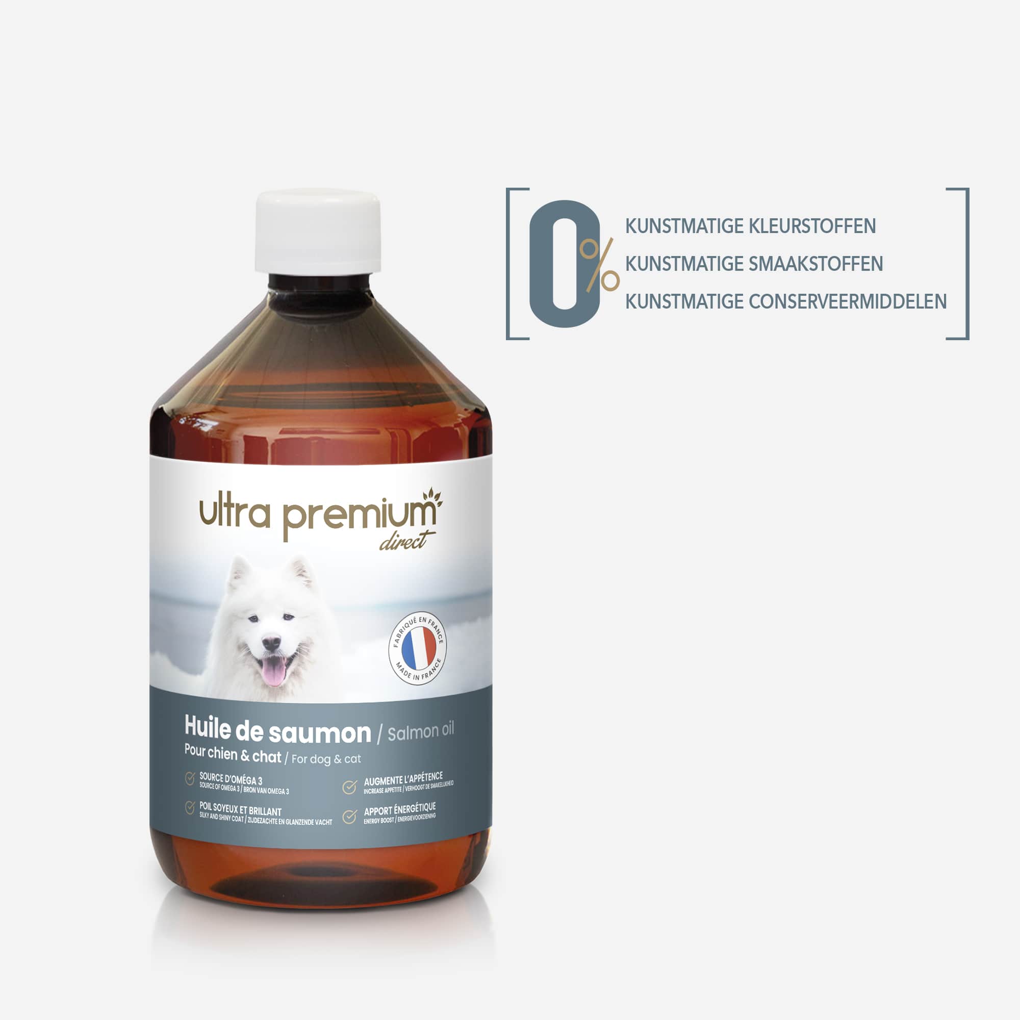 Markering van de samenstelling van zalmolie op een witte achtergrond