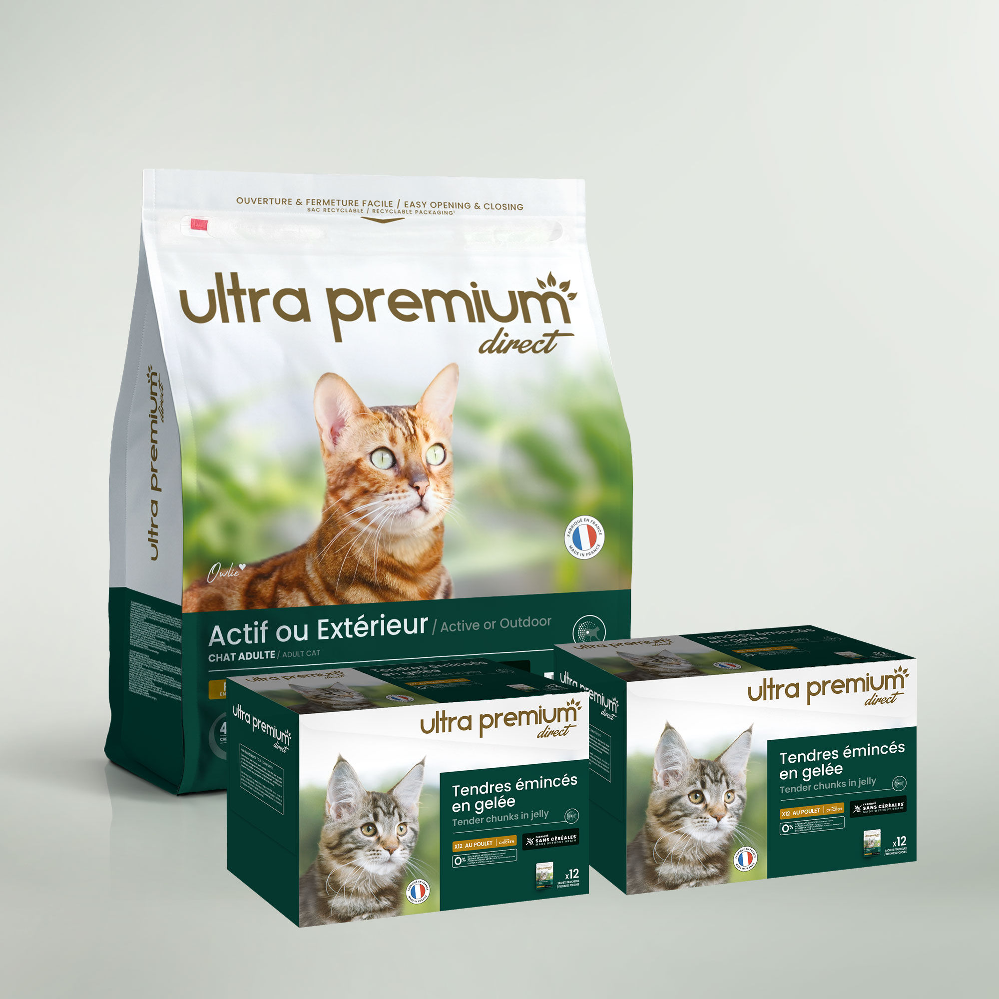 Dubbel voeding bestaande uit een zak graanvrije brokken van 7 kg voor actieve of volwassen kat en 96 stuks graanvrije kippengelei, op een lichtgroene ondergrond