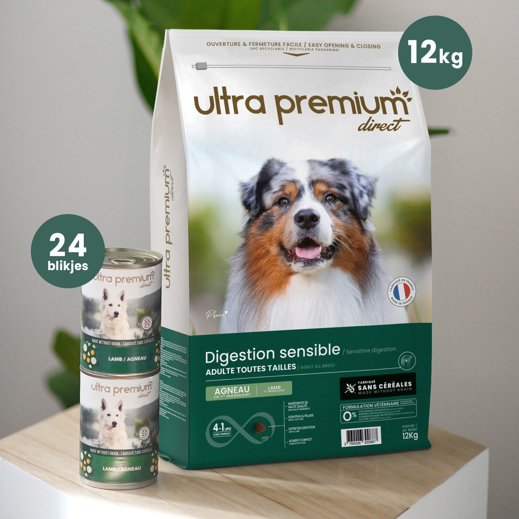 Dubbel voeding bestaande uit een zak graanvrije brokken van 12 kg voor hond met een gevoelige spijsvertering en 24 blikjes met lam voor binnen