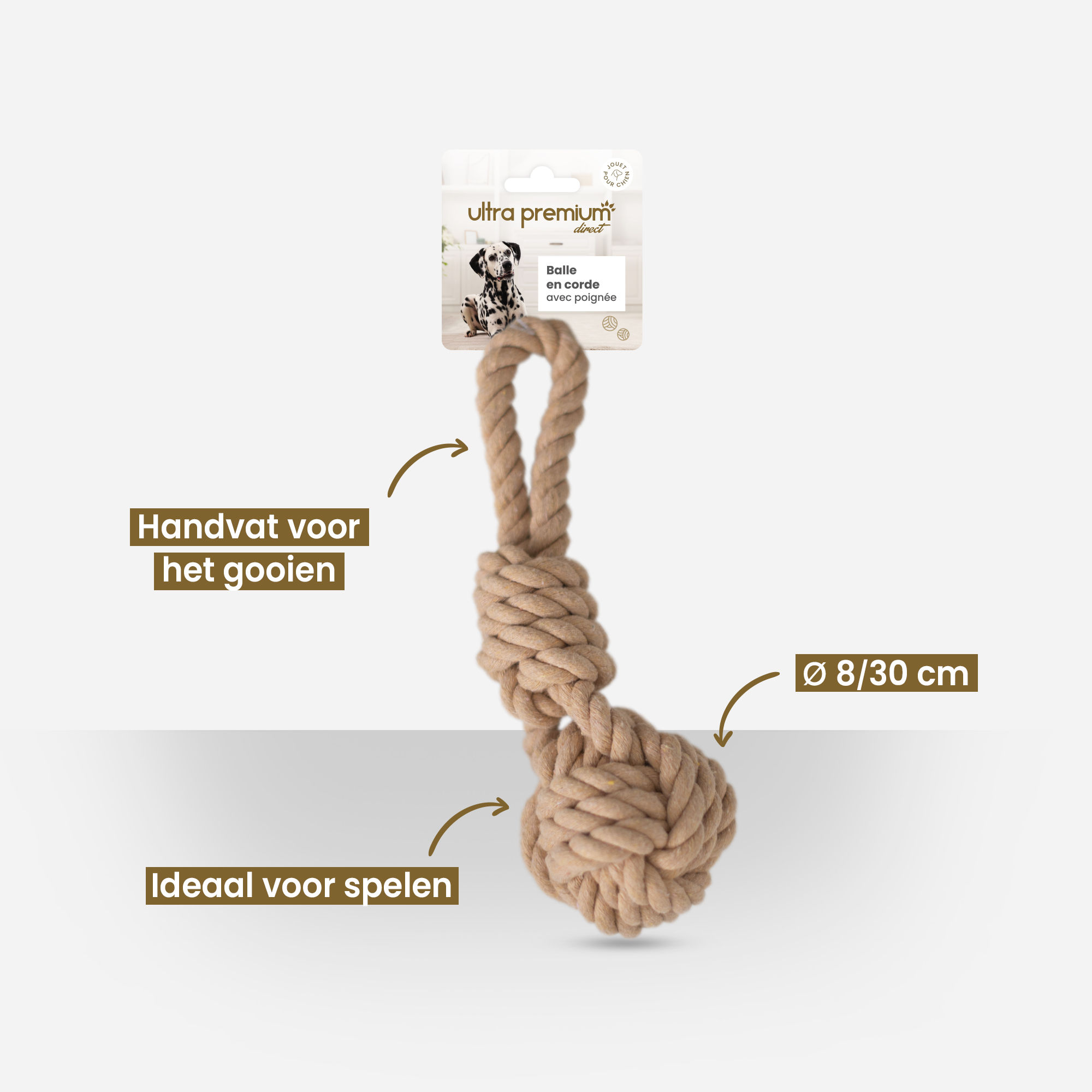 Specificaties van het Ultra Premium Direct touwbalspeelgoed op witte achtergrond