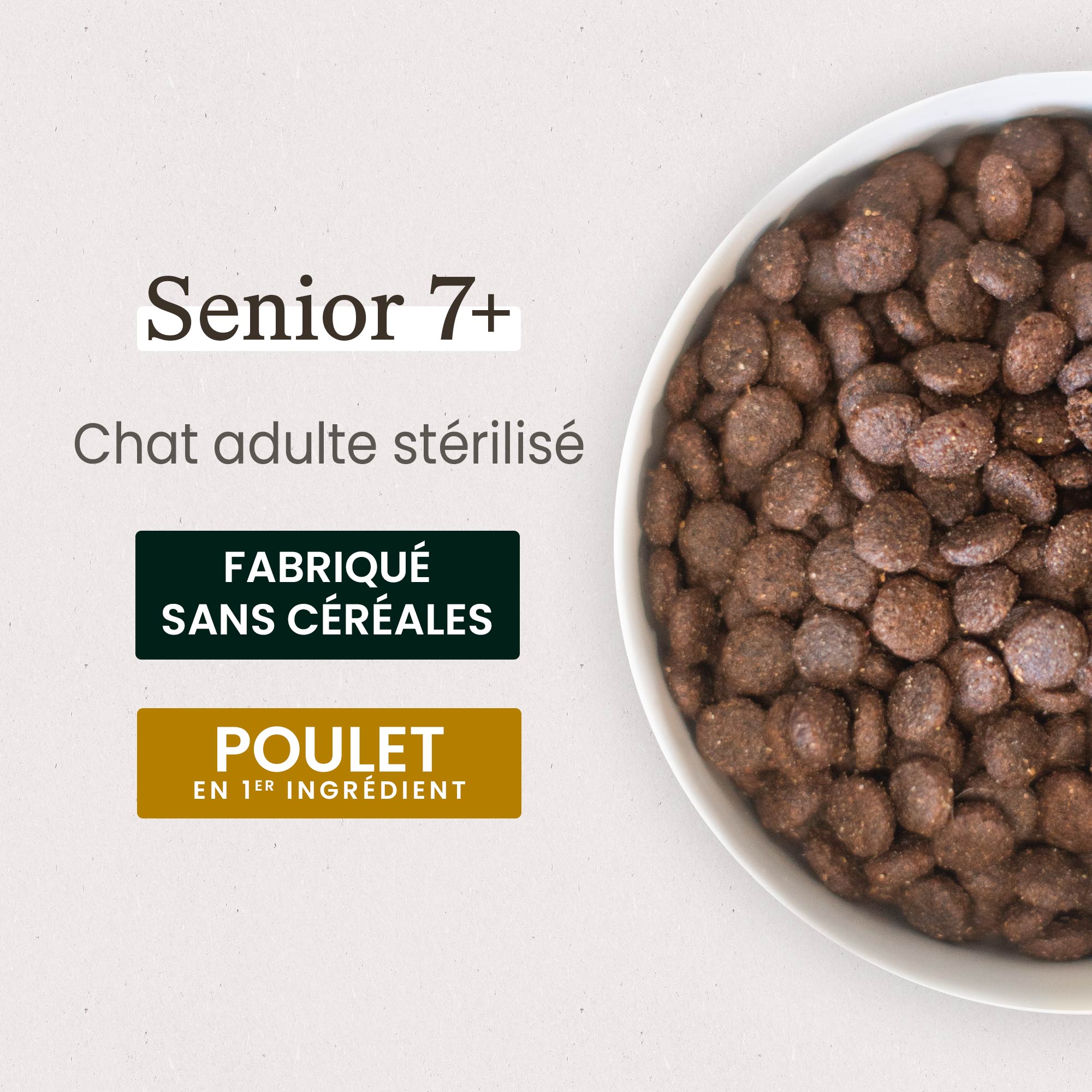 Zoom sur une gamelle de croquettes senior 7+ au poulet pour chat