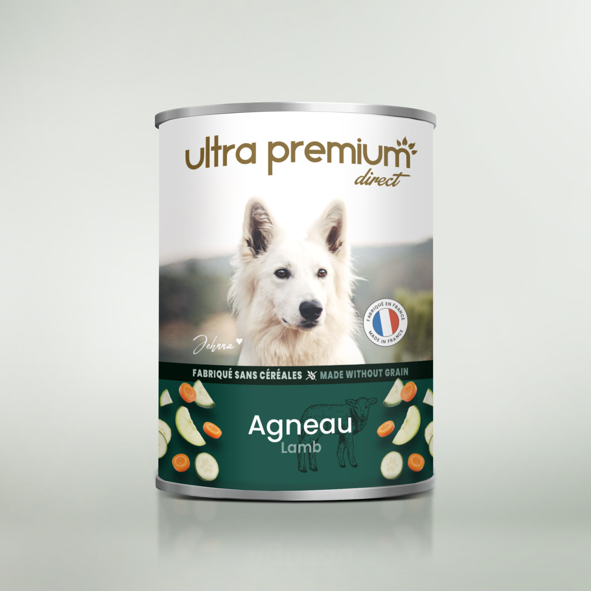 Boîte de pâtée pour chien sans céréales à l'agneau sur fond vert clair