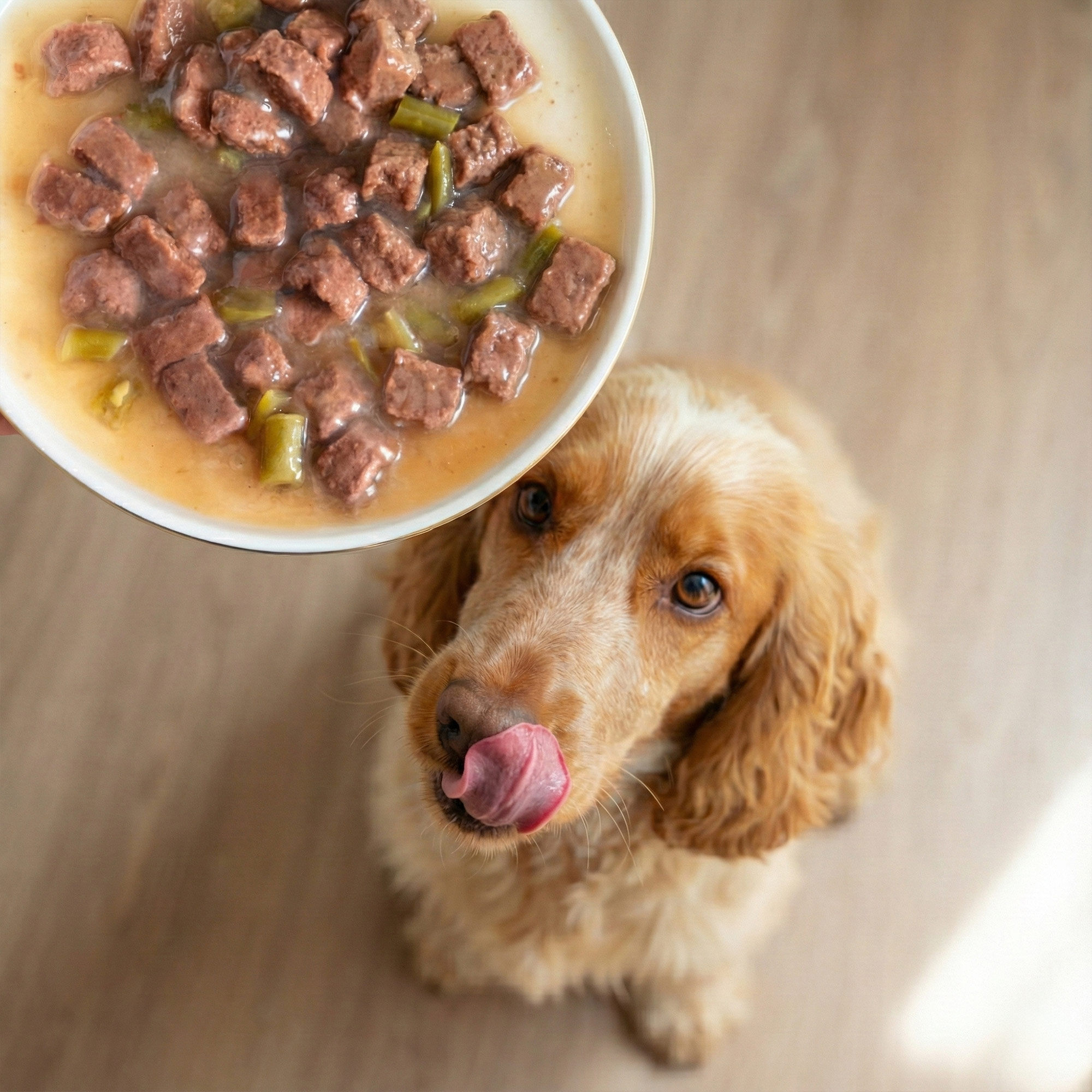Cocker spaniel devant une assiettes contenant les tendres émincés en sauce pour chien - Agneau & haricots verts