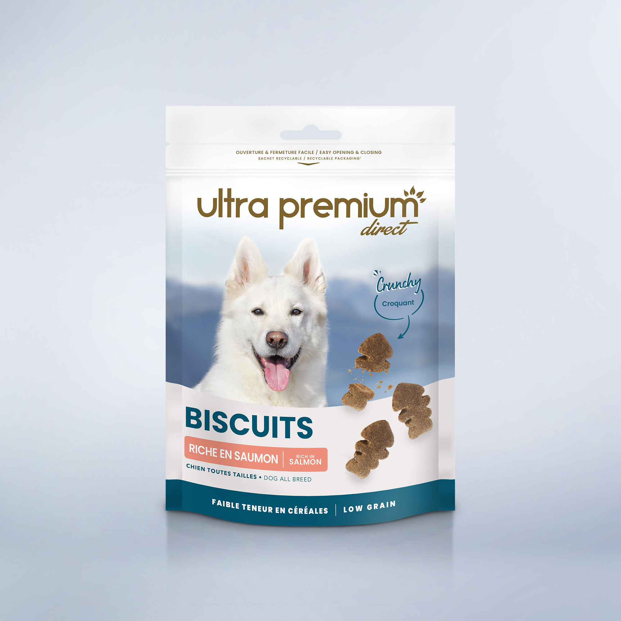 Sachet de friandises peau & pelage au saumon pour chien, sur fond blanc