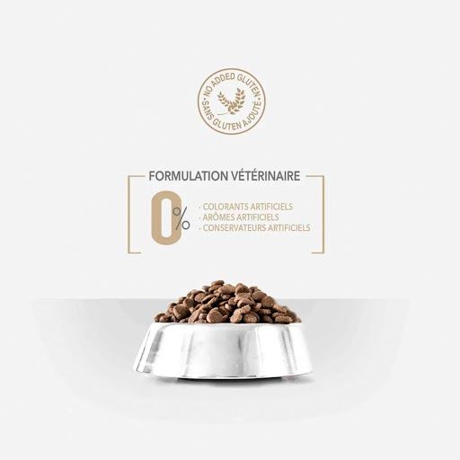 Gamelle contenant les croquettes sans céréales chiot croissance de toutes tailles en gros plan et formulation vétérinaire