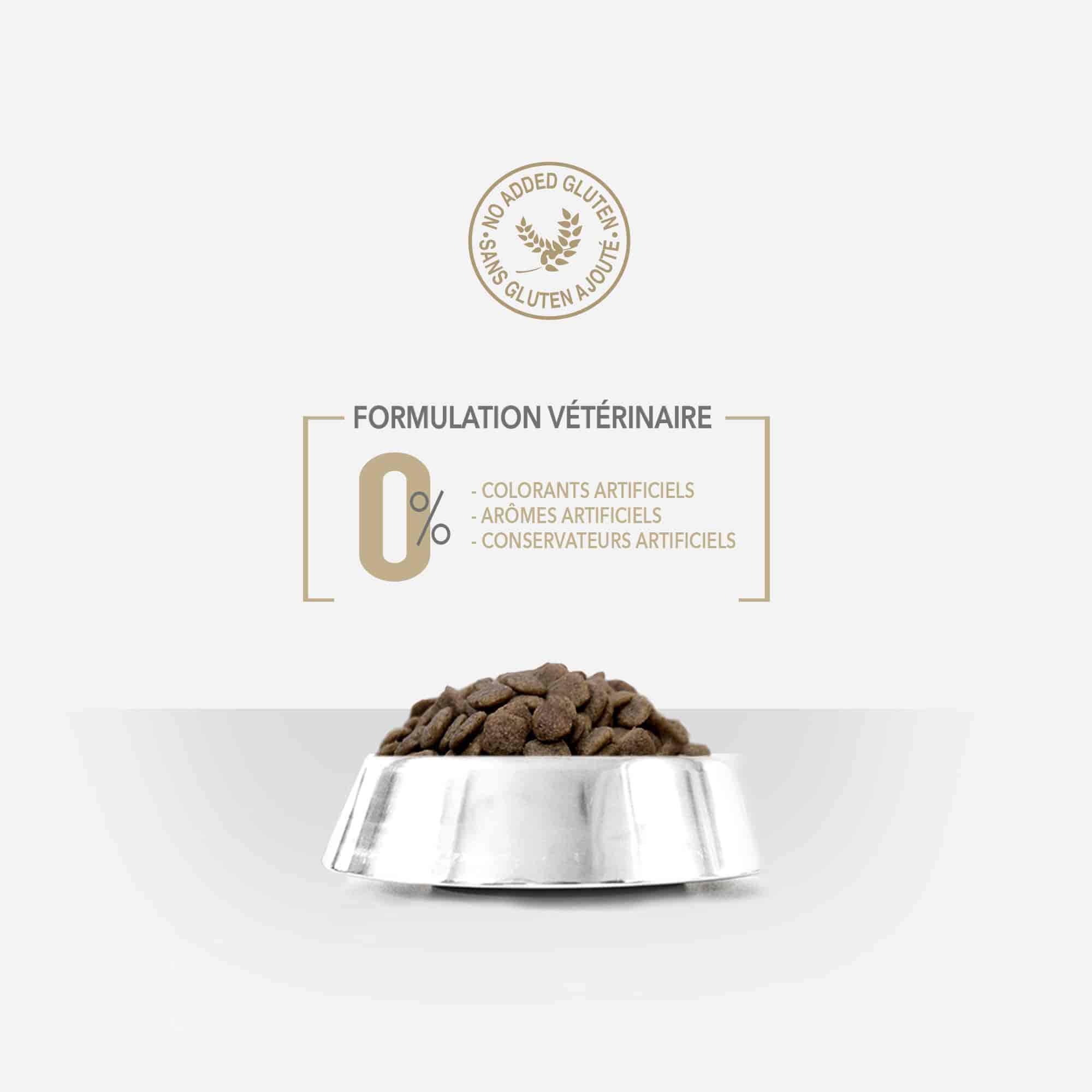 Gamelle contenant les croquettes sans céréales Natural Hunter en gros plan et formulation vétérinaire