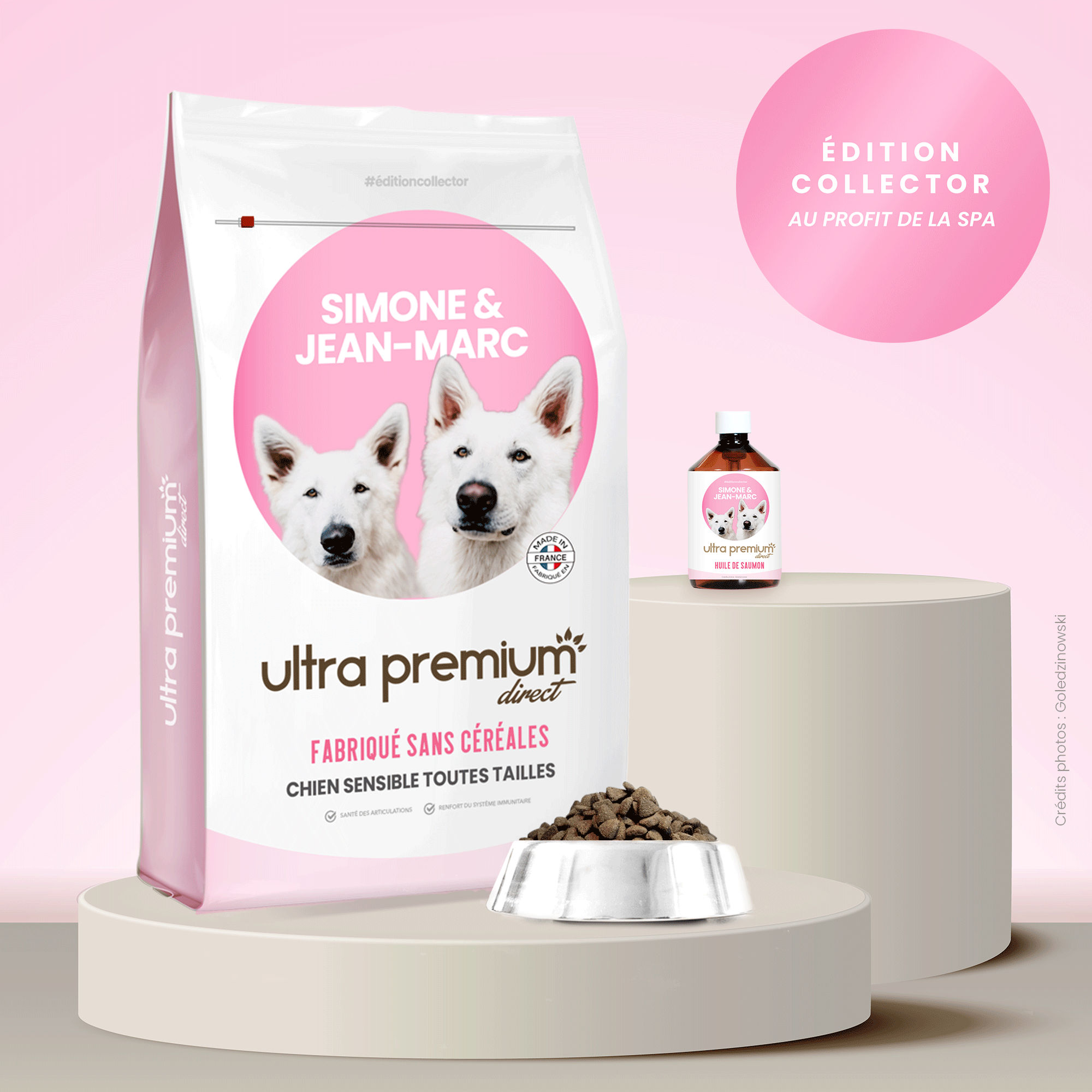 Pack Croquettes chien sensible sans céréales + Huile de saumon - édition collector Simone & Jean-Marc