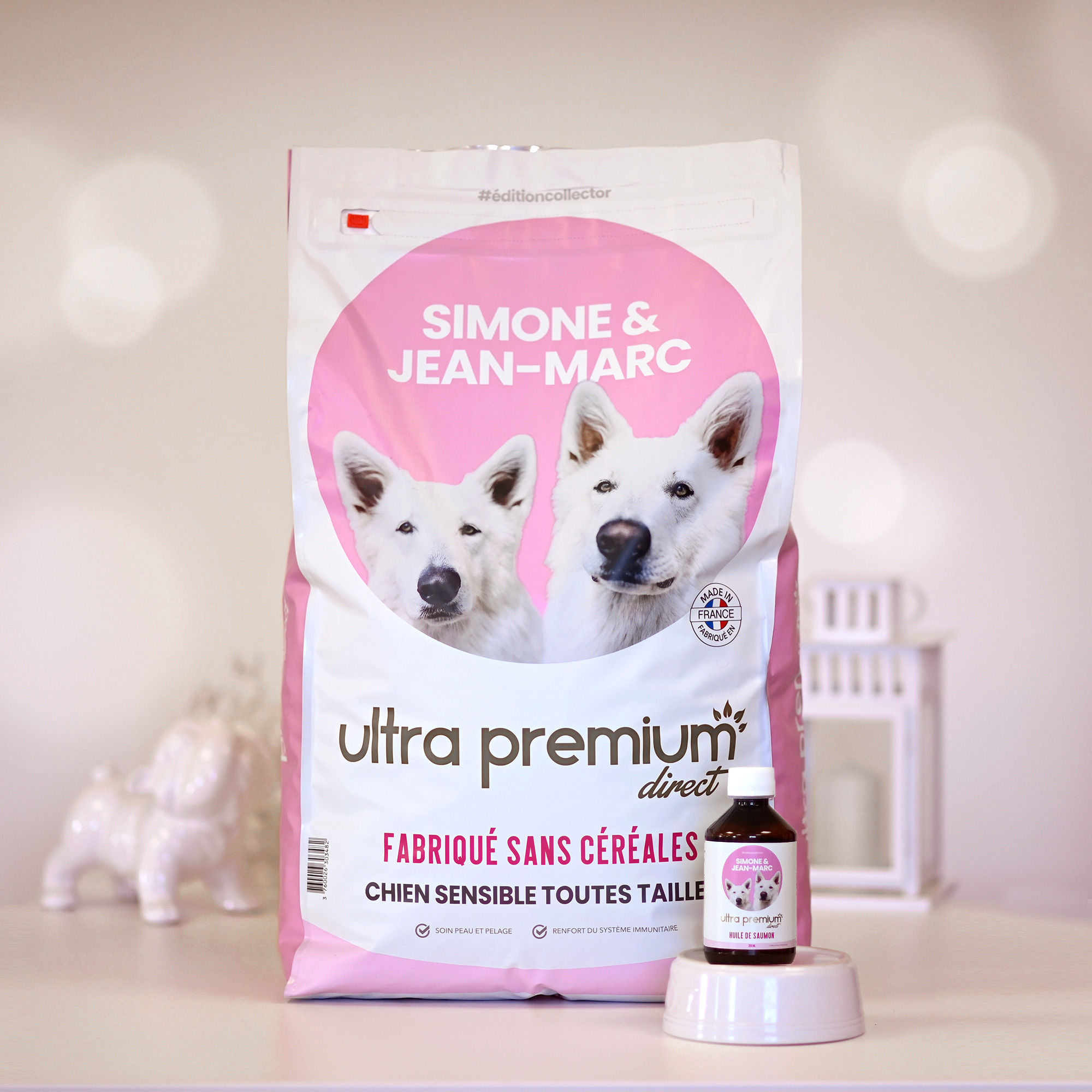 Pack Croquettes chien sensible sans céréales + Huile de saumon - édition collector Simone & Jean-Marc