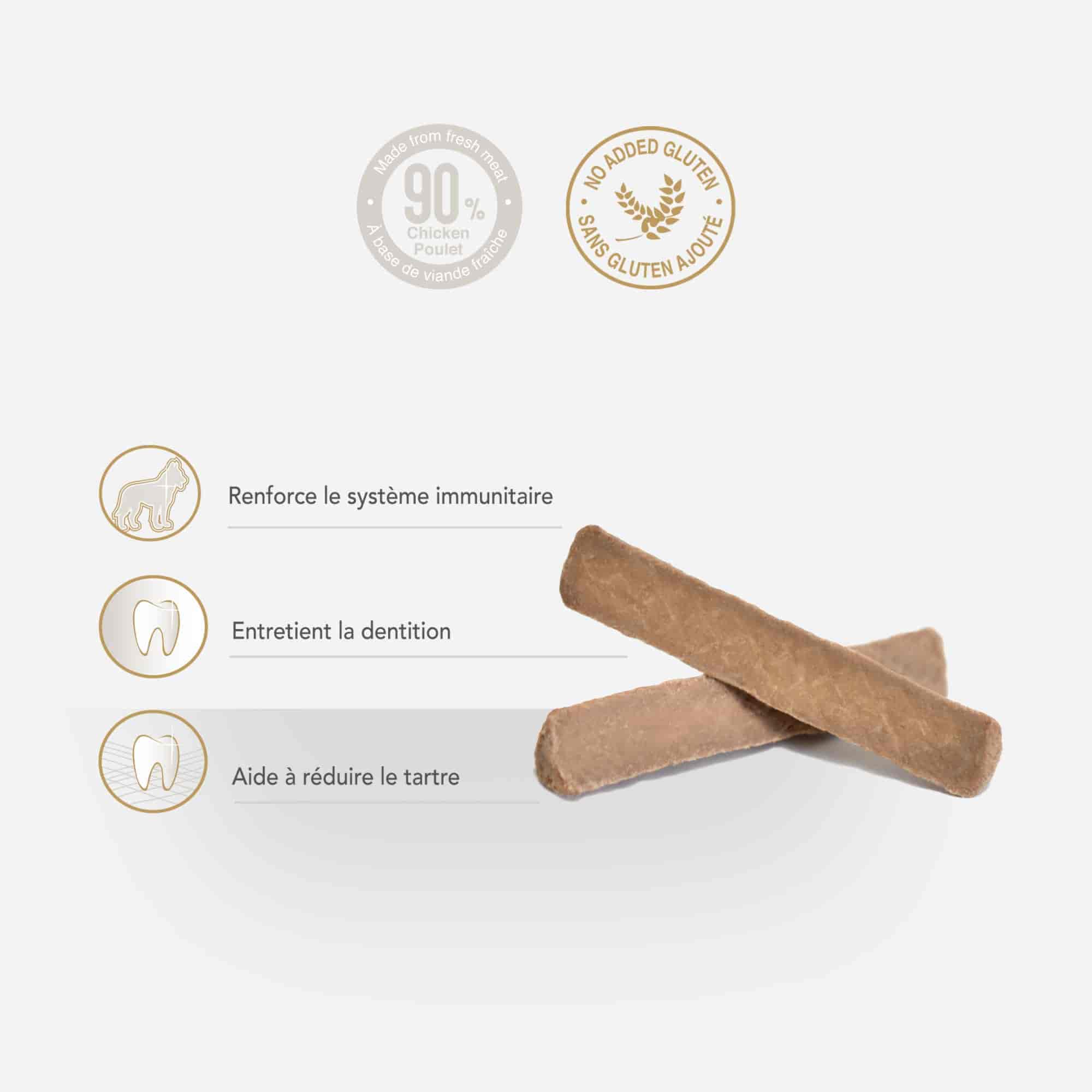 Mise en avant des bienfaits des Premium Dental Stick au poulet pour chien, sur fond blanc
