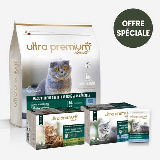 Pack bi-nutrition : 7 kg croquettes saumon - pour chat stérilisé + 96 sachets fraîcheur