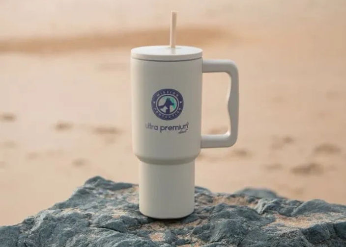 Gourde mission protection pays basque sur une rocher avec un fond plage