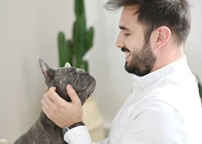 Maître caressant son bouledogue français 