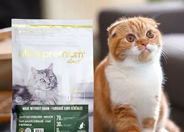Scottish fold naast een zakje Ultra Premium Direct brokken