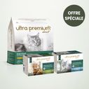 Pack bi-nutrition composé d'un sac de 7 kg de croquettes sans céréales au poulet pour chat adulte stérilisé, de 96 émincés en sauce sans céréales pour chat dont 48 saveur saumon & cabillaud et 48 saveur poulet & dinde, sur fond vert clair