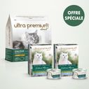 Pack bi-nutrition composé d'un sac de 7 kg de croquettes sans céréales au poulet pour chat adulte stérilisé, et de 72 boîtes de mousse sans céréales pour chat adulte au poulet & à la sole, sur fond vert clair