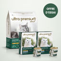 Pack bi-nutrition composé d'un sac de 7 kg de croquettes sans céréales au poulet pour chat adulte stérilisé, et de 72 boîtes de mousse sans céréales pour chat adulte au poulet & à la sole, sur fond vert clair