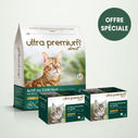 Pack bi-nutrition composé d'un sac de 7 kg de croquettes sans céréales pour chat adulte actif ou d'extérieur, et de 96 émincés en gelée sans céréales au poulet, sur fond vert clair