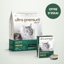 Pack bi-nutrition pour chat stérilisé composé de 3 kg croquettes sans céréales au poulet pour chat adulte stérilisé, et de 12 boîtes de mousse sans céréales pour chat adulte stérilisé au poulet, sur fond vert clair