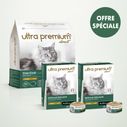 Pack bi-nutrition pour chat stérilisé composé de 7 kg croquettes sans céréales au poulet pour chat adulte stérilisé, et de 72 boîtes de mousse sans céréales pour chat adulte stérilisé au poulet, sur fond vert clair
