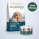 Pack bi-nutrition composé d'un sac de 12 kg de croquettes super premium agneau et riz pour chien adulte de toutes tailles, et de 24 boîtes de pâtées sans céréales à l'agneau sur fond bleu clair