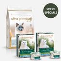 Pack bi-nutrition composé d'un sac de 5 kg de croquettes Care pour chat adulte stérilisé système urinaire, et de 36 boîtes de mousse sans céréales pour chat adulte à la sole & au poulet, sur fond blanc