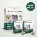 Pack bi-nutrition composé d'un sac de 7 kg croquettes sans céréales au saumon pour chat adulte stérilisé, et de 72 boîtes de mousse sans céréales pour chat adulte stérilisé au poulet, sur fond vert clair