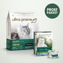 Dubbel voeding bestaande uit een zak graanvrije brokken van 3 kg voor gesteriliseerd volwassen kat en 12 blikjes graanvrije mousse voor volwassen kat met kip & tong, op een lichtgroene achtergrond