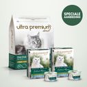Dubbel voeding bestaande uit een zak graanvrije brokken van 7 kg voor gesteriliseerd volwassen kat, en 72 blikjes graanvrije mousse voor volwassen kat met kip & tong, op een lichtgroene ondergrond