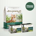 Dubbel voeding bestaande uit een zak graanvrije brokken van 7 kg voor actieve of volwassen kat en 96 stuks graanvrije kippengelei, op een lichtgroene ondergrond