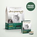 Dubbel voeding voor gesteriliseerd kat bestaande uit 3 kg graanvrije brokken met kip voor gesteriliseerd volwassen kat, en 12 blikjes graanvrij schuim voor gesteriliseerd volwassen kat met kip, op een lichtgroene achtergrond