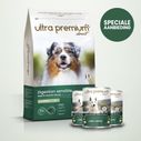 Dubbel voeding bestaande uit een zak graanvrije brokken van 12 kg voor hond met een gevoelige spijsvertering en 24 blikjes met lam, op een lichtgroene achtergrond