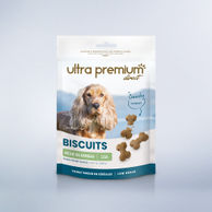 Sachet de friandises à l'agneau pour chien, sur fond bleu