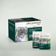 Gesneden vlees in graanvrije saus voor kat met zalm & kabeljauw op een lichtgroene ondergrond