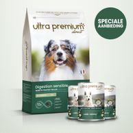 Dubbel voeding bestaande uit een zak graanvrije brokken van 12 kg voor hond met een gevoelige spijsvertering en 24 blikjes met lam, op een lichtgroene achtergrond
