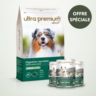 Pack bi-nutrition composé d'un sac de 12 kg de croquettes sans céréales pour chien digestion sensible, et de 24 boîtes de pâtée à l'agneau, sur fond vert clair