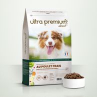 Croquettes sans céréales au poulet frais pour chien adulte de toutes tailles en sac de 12 kg sur fond blanc
