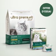 Pack bi-nutrition composé d'un sac de 3 kg de croquettes sans céréales au poulet pour chat adulte stérilisé, et de 12 boîtes de mousse sans céréales pour chat adulte au poulet & à la sole, sur fond vert clair