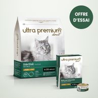 Pack bi-nutrition pour chat stérilisé composé de 3 kg croquettes sans céréales au poulet pour chat adulte stérilisé, et de 12 boîtes de mousse sans céréales pour chat adulte stérilisé au poulet, sur fond vert clair