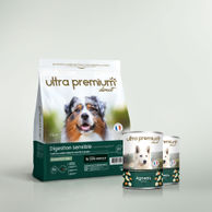 Pack bi-nutrition composé d'un sac de 4 kg de croquettes sans céréales pour chien digestion sensible, et de 2 boîtes de pâtée à l'agneau, sur fond vert clair