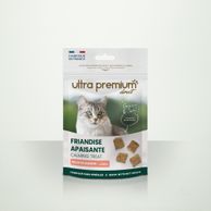 Sachet de friandises apaisantes sans céréales pour chat, sur fond blanc