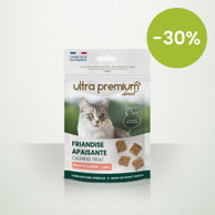 Sachet de friandises apaisantes sans céréales pour chat, sur fond blanc