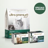Dubbel voeding bestaande uit een zak van 7 kg graanvrije brokken voor gesteriliseerd volwassen kat, 96 plakjes in graanvrije saus voor kat waarvan 48 zalm & kabeljauw smaak en 48 kip & kalkoen smaak, op een lichtgroene achtergrond