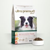 Graanvrije Brokken met verse zalm voor volwassen hond van alle groottes in een zak van 12 kg op een witte ondergrond