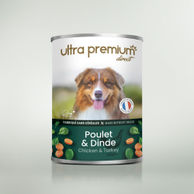 Boîte de pâtée pour chien sans céréales au poulet & dinde sur fond vert clair