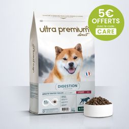 Croquettes Care pour chien Digestion de toutes tailles dut fond bleu