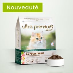 Paquet de croquette avec un chat roux à poils longs pour la recette chat stérilisé au poulet frais.